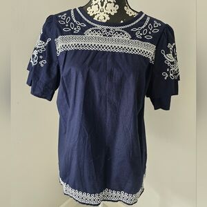 Banana Republic Navy Blouse with Intricate White Detailing Sz M